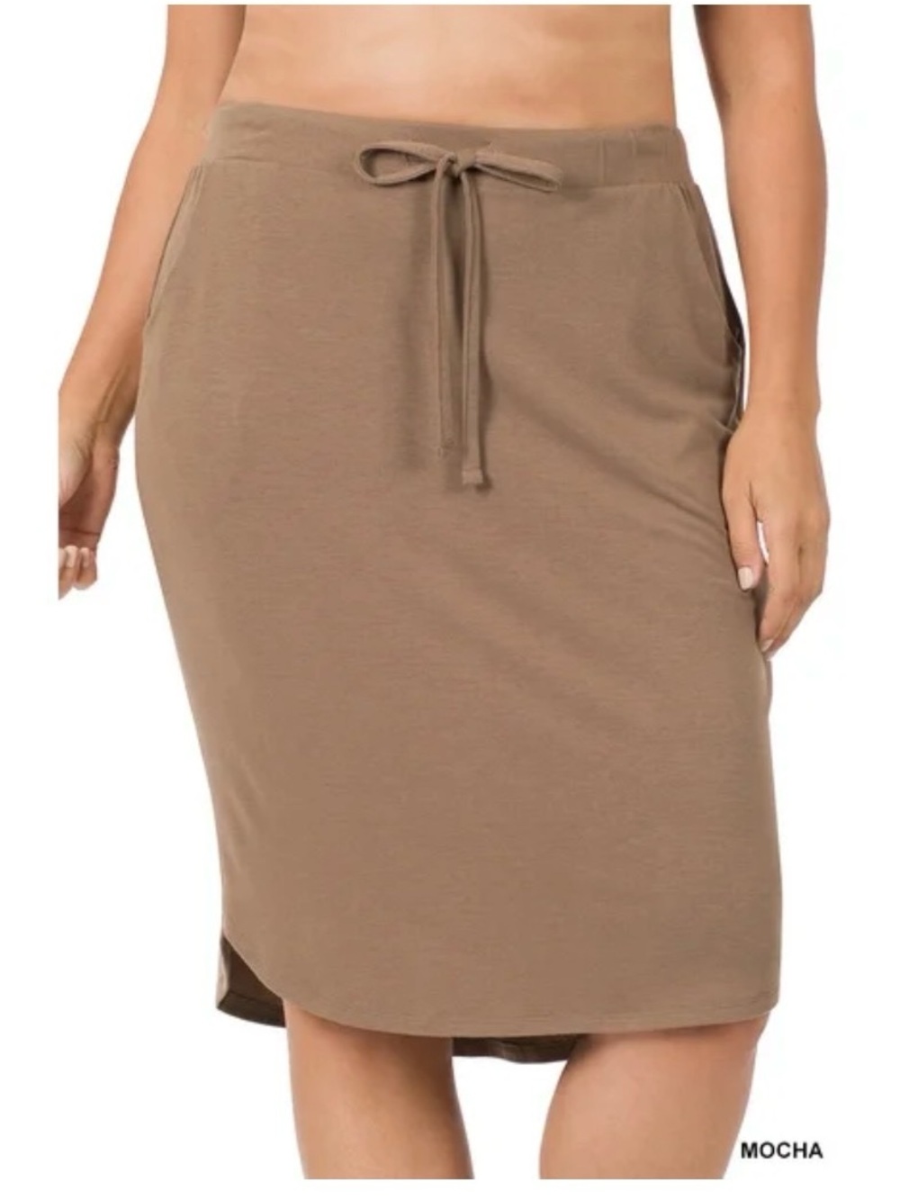 Zenana Brown High‑Low Drawstring Midi Skirt Plus 1X NWT Soft Stretch Tulip Hem